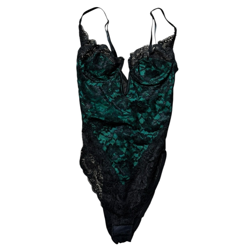 Vintage Victoria's Secret Gold Label Green and Black Lace Sexy Bodysuit Chemise